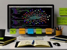 Minimalistischer Schreibtisch mit Monitor, der eine visuelle Apache Airflow DAG-Darstellung und bunten Jinja2-Code zeigt, umgeben von Notizbüchern, Kaffee und Haftnotizen zu Best Practices.