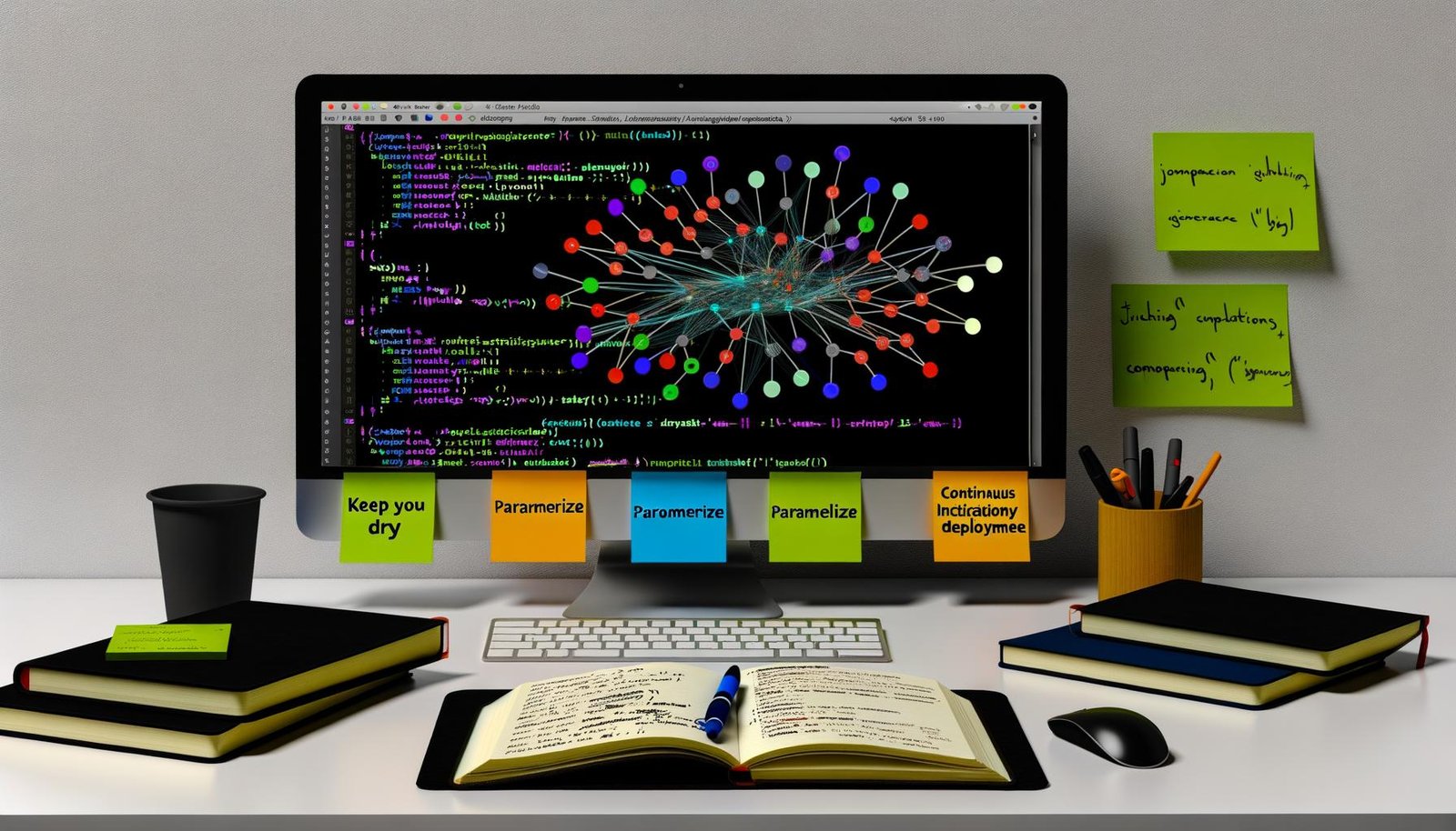 Minimalistischer Schreibtisch mit Monitor, der eine visuelle Apache Airflow DAG-Darstellung und bunten Jinja2-Code zeigt, umgeben von Notizbüchern, Kaffee und Haftnotizen zu Best Practices.