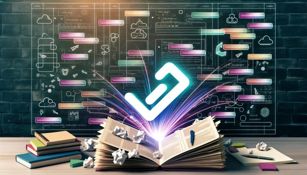 Detailliertes Titelbild mit chaotischem Arbeitstisch, Notebooks, zerknüllten Bash-Skripten, Kalenderblättern und leuchtenden Datenflüssen. Im Zentrum ordnet ein modernes Airflow-Logo das Chaos in strukturierte DAG-Grafen und Aufgaben. Dezente Tech-Icons unterstützen das Automationsthema.