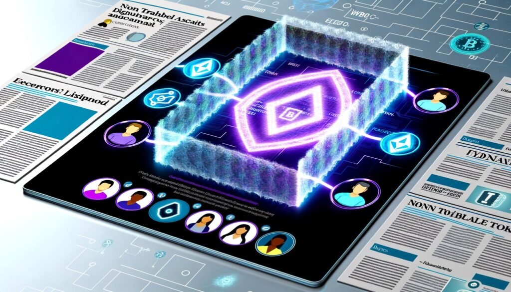 Digitale, halbtransparente Paywall aus glühenden Token, zentral auf Laptop illustriert. Im Hintergrund hochwertige digitale Inhalte, davor diverse Avatare mit leuchtenden Schlüsseln und Wallet-Symbolen. Web3-Ästhetik in Blau, Lila und Electric Pink.