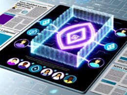 Digitale, halbtransparente Paywall aus glühenden Token, zentral auf Laptop illustriert. Im Hintergrund hochwertige digitale Inhalte, davor diverse Avatare mit leuchtenden Schlüsseln und Wallet-Symbolen. Web3-Ästhetik in Blau, Lila und Electric Pink.