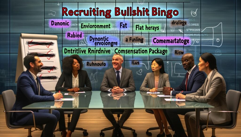Konferenzszene im modernen Büro mit fünf Personen, die Recruiting Bullshit Bingo spielen; auf dem Tisch Blätter mit Begriffen wie 'dynamisches Umfeld' und 'flache Hierarchien', im Hintergrund HR-Buzzwords und digitale KI-Symbole.