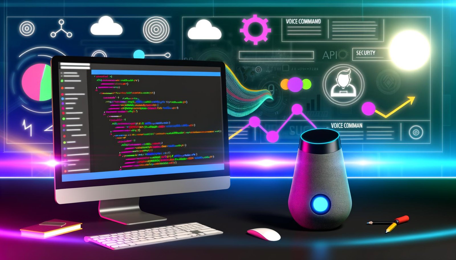 Dynamische Szene eines modernen E-Commerce-Command-Centers mit Desktop-Screen, Webflow-Oberfläche, Code-Snippets, Sprachbefehls-Dialogen, animiertem Voice-Commerce-Diagramm und Checkliste für Technikstandards.