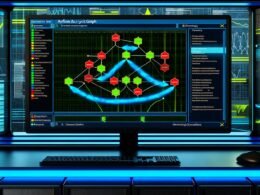 Großes Computerdisplay mit modernem Airflow-DAG-Grafen, Statusindikatoren an jedem Knoten, Echtzeit-Logfenster und weiteren Monitoring-Dashboards im Hintergrund in dunklem, technisch wirkendem Ambiente.