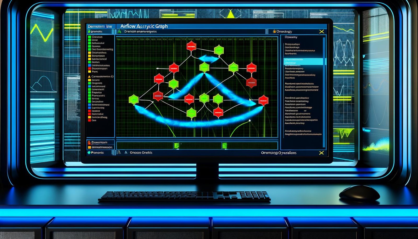Großes Computerdisplay mit modernem Airflow-DAG-Grafen, Statusindikatoren an jedem Knoten, Echtzeit-Logfenster und weiteren Monitoring-Dashboards im Hintergrund in dunklem, technisch wirkendem Ambiente.