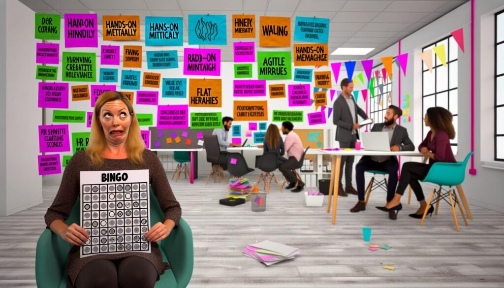 Eine erschöpfte Bewerberin mit Bingo-Schein sitzt vor bunten Buzzword-Flipcharts und Post-its, während HR-Manager entspannt im Hintergrund diskutieren.