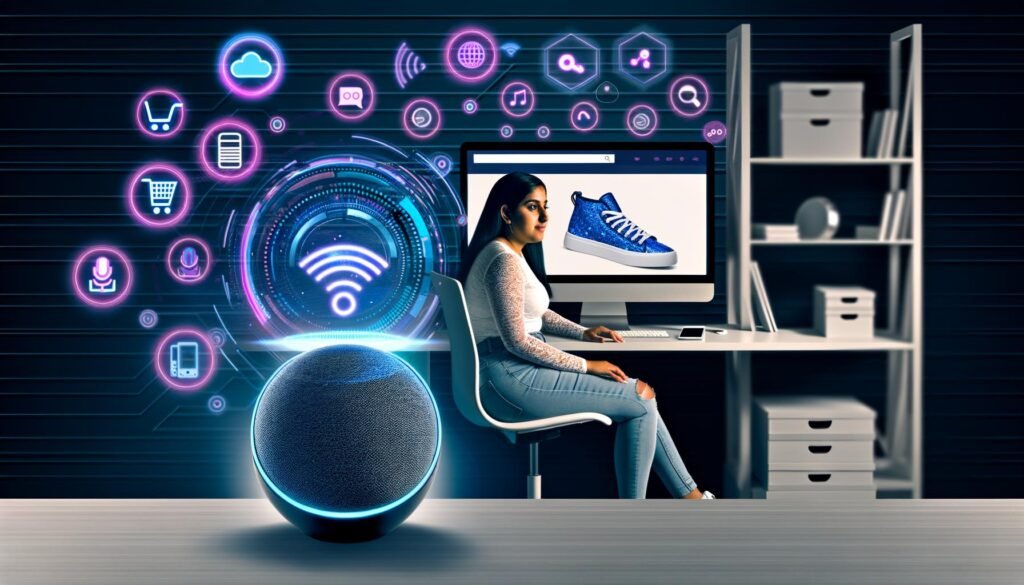 Futuristisch gestalteter Arbeitsplatz mit Person, die Sneaker via Sprachbefehl über einen Smart Speaker kauft. Im Hintergrund läuft ein Webflow-Shop, umgeben von Icons für Sprachwellen, Cloud APIs und Einkaufswagen.