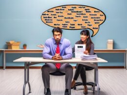 Bewerber im Büro mit HR-Person, die eine Bingo-Karte mit HR-Buzzwords zeigt. Ironische Bewerbungsszene mit leerem Phrasengewirbel, skeptischem Bewerber und klischeehaften Aussagen.