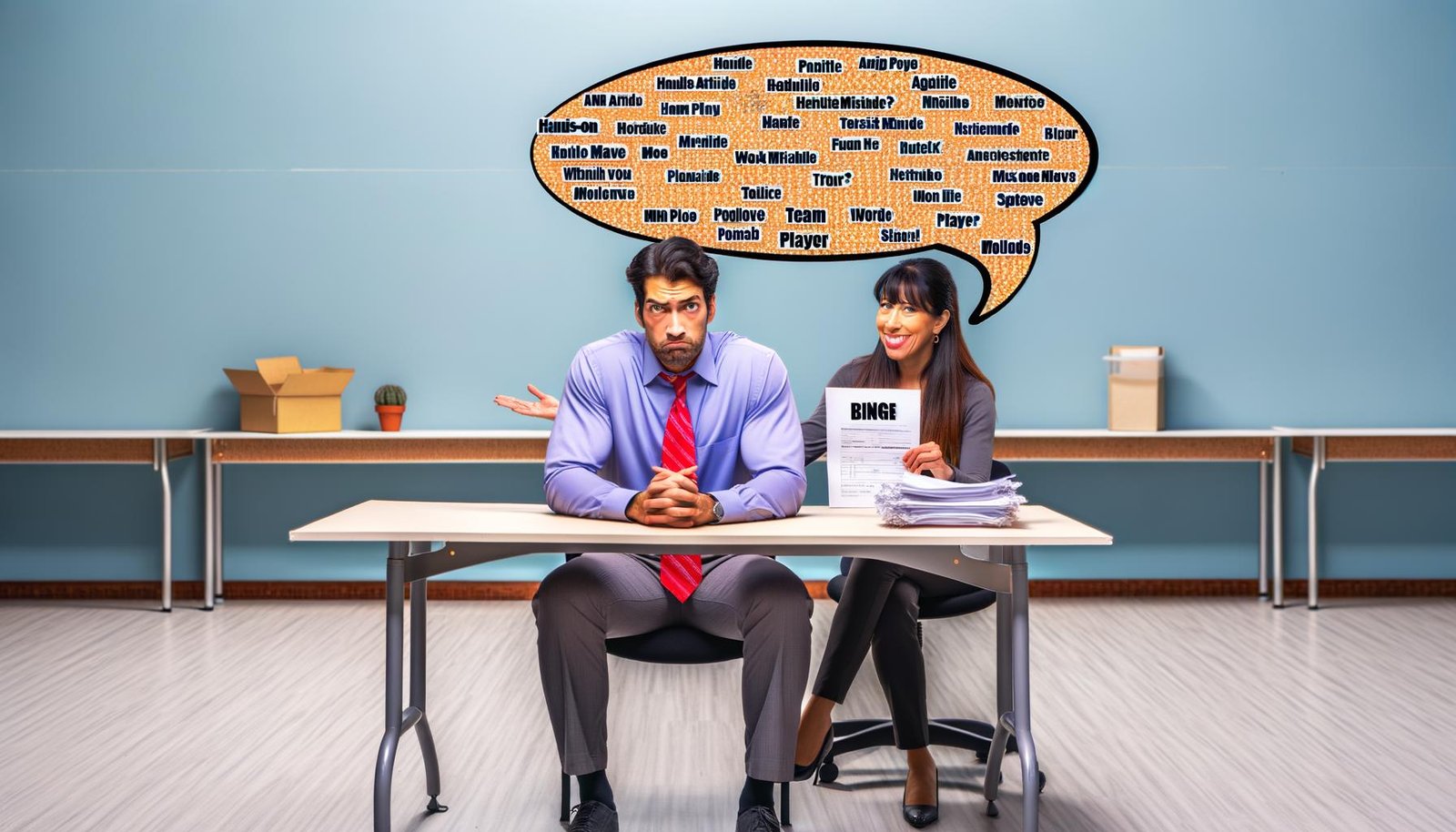 Bewerber im Büro mit HR-Person, die eine Bingo-Karte mit HR-Buzzwords zeigt. Ironische Bewerbungsszene mit leerem Phrasengewirbel, skeptischem Bewerber und klischeehaften Aussagen.