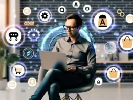 Geschlechtsneutraler Shopbetreiber mittleren Alters arbeitet entspannt am Laptop, umgeben von KI- und WooCommerce-Symbolen in einem modernen Home-Office.