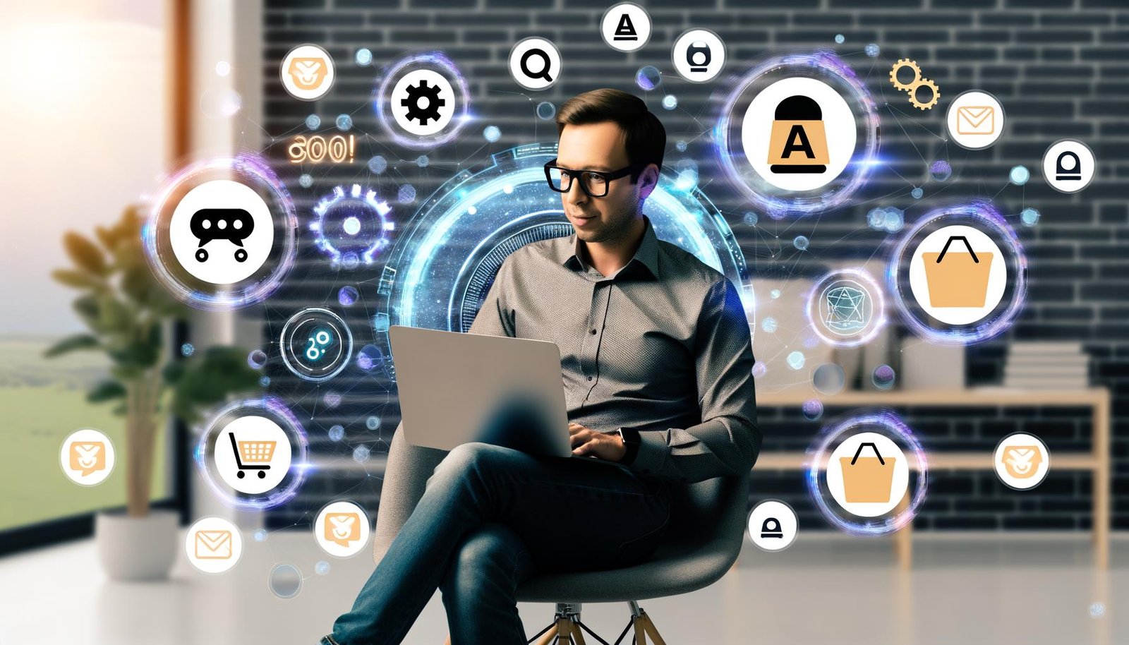 Geschlechtsneutraler Shopbetreiber mittleren Alters arbeitet entspannt am Laptop, umgeben von KI- und WooCommerce-Symbolen in einem modernen Home-Office.