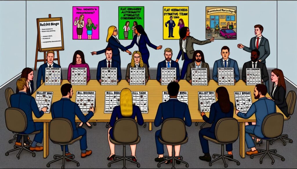Recruiter im Großraumbüro spielen Bullshit-Bingo mit typischen HR-Buzzwords während eines Vorstellungsgesprächs. Bewerber wirken skeptisch, im Hintergrund Technik und Motivationsplakate.