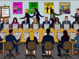 Recruiter im Großraumbüro spielen Bullshit-Bingo mit typischen HR-Buzzwords während eines Vorstellungsgesprächs. Bewerber wirken skeptisch, im Hintergrund Technik und Motivationsplakate.