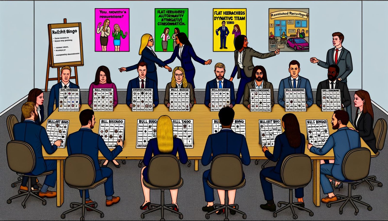 Recruiter im Großraumbüro spielen Bullshit-Bingo mit typischen HR-Buzzwords während eines Vorstellungsgesprächs. Bewerber wirken skeptisch, im Hintergrund Technik und Motivationsplakate.