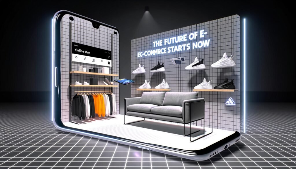 Virtueller Online-Shop auf Smartphone mit schwebender AR-Couch, Sneakers und Tech-Gadget, begeisterte Kunden im digitalen Raum