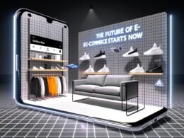 Virtueller Online-Shop auf Smartphone mit schwebender AR-Couch, Sneakers und Tech-Gadget, begeisterte Kunden im digitalen Raum