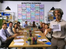 Junge Erwachsene in einem modernen Büro, ein Whiteboard mit durchgestrichenen Recruiting-Floskeln und ehrlichen Alternativen, im Vordergrund eine lachende Person mit einem Buzzword-Bingo-Kärtchen.