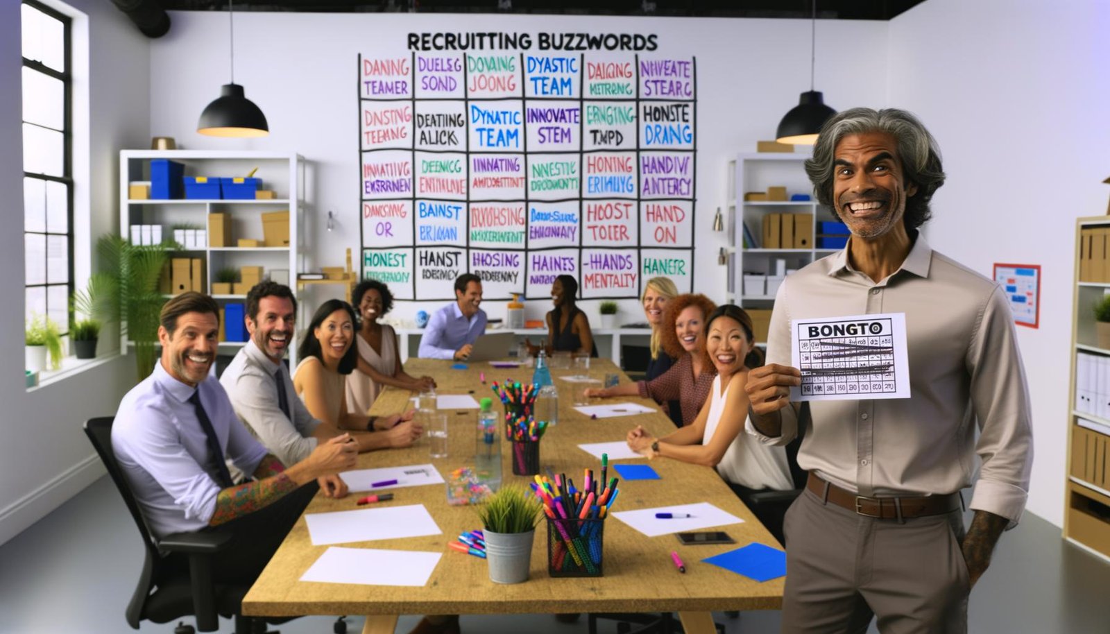 Junge Erwachsene in einem modernen Büro, ein Whiteboard mit durchgestrichenen Recruiting-Floskeln und ehrlichen Alternativen, im Vordergrund eine lachende Person mit einem Buzzword-Bingo-Kärtchen.