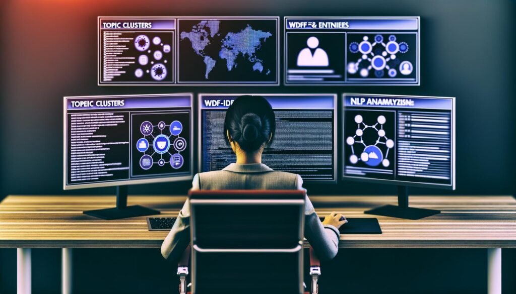 Redakteurin arbeitet konzentriert an modernen Monitoren mit Content-Tools, Dashboards für Topic Cluster, WDF*IDF-Grafiken und NLP-Analysen in High-Tech-Umgebung.