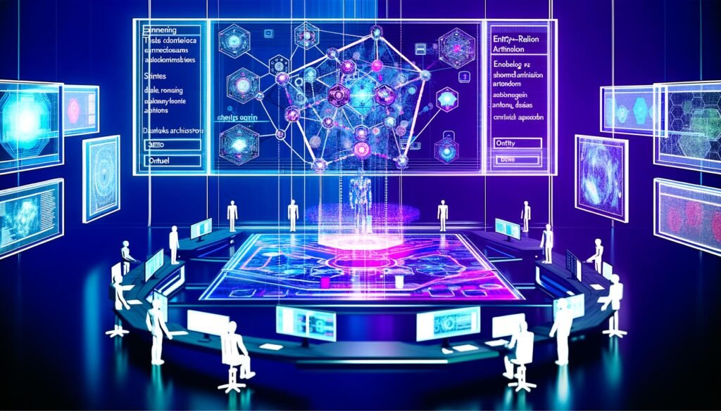 Futuristischer Kontrollraum mit digitalen, schwebenden Displays, zentralem Knowledge Graph und harmonischer Zusammenarbeit von Menschen und KI-Avataren in blauen und violetten Farbtönen.