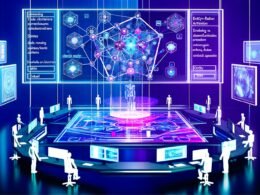 Futuristischer Kontrollraum mit digitalen, schwebenden Displays, zentralem Knowledge Graph und harmonischer Zusammenarbeit von Menschen und KI-Avataren in blauen und violetten Farbtönen.