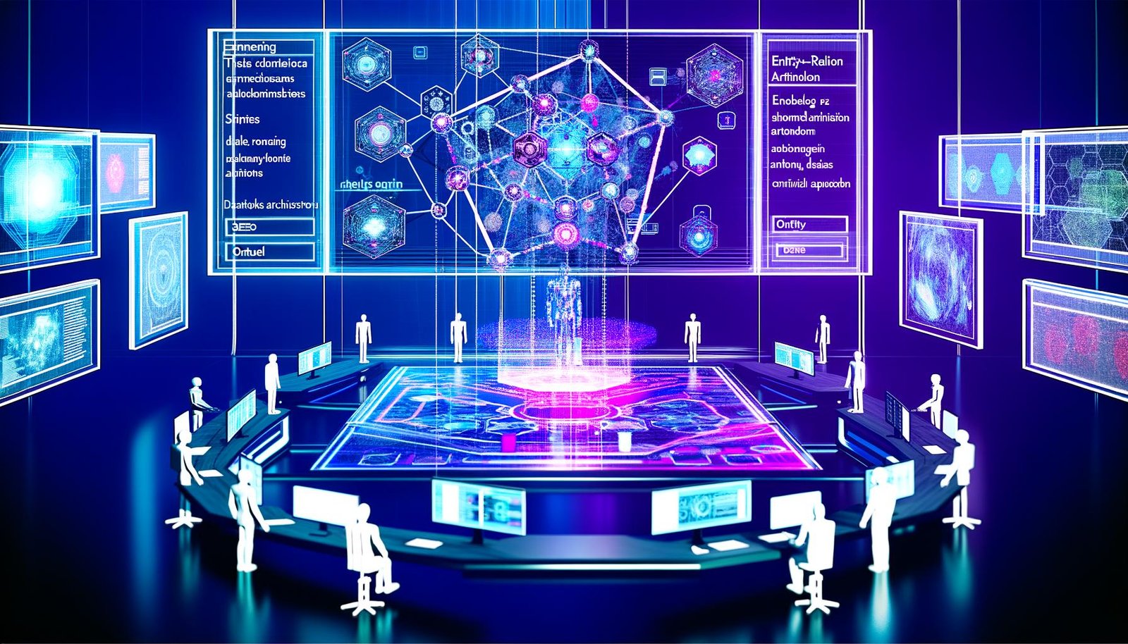 Futuristischer Kontrollraum mit digitalen, schwebenden Displays, zentralem Knowledge Graph und harmonischer Zusammenarbeit von Menschen und KI-Avataren in blauen und violetten Farbtönen.
