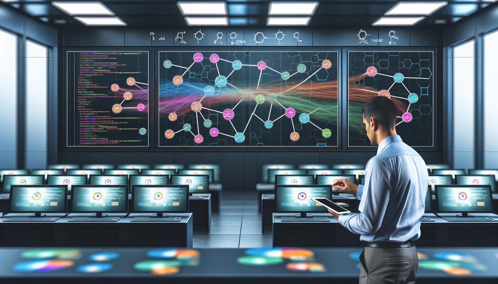 High-Tech-Kontrollraum mit riesigen Bildschirmen, die digitale Datenpipelines als Netzwerk aus Linien und Knoten, dabei einen DAG, zeigen. Im Vordergrund bedient ein Ingenieur ein Tablet, um Workflows in einer modernen Umgebung zu steuern.