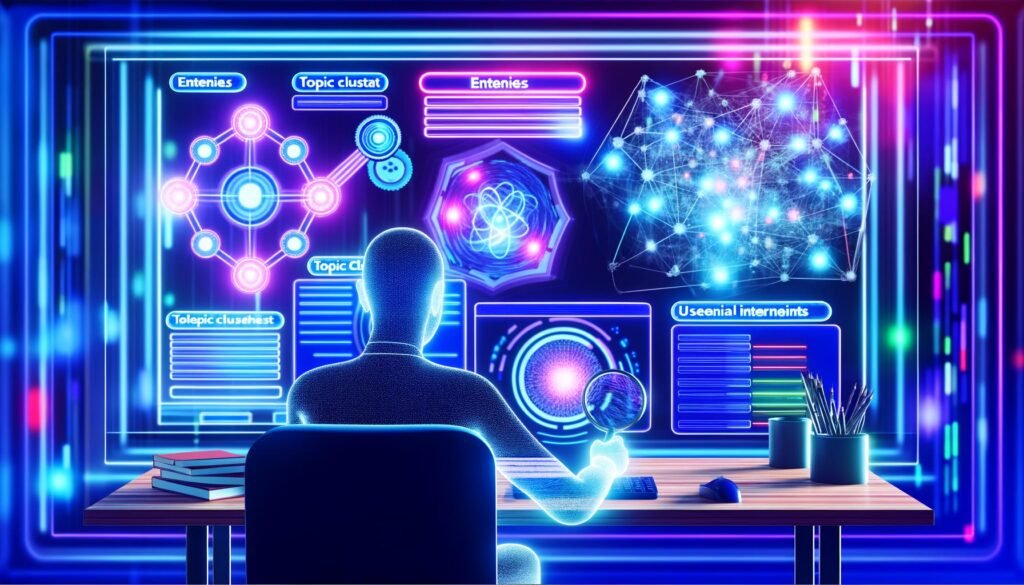 Digitale Illustration eines Content Creators an mehreren Monitoren mit semantischen Netzwerken, Dashboards und Begriffen wie Entitäten, Topic Cluster und User Intent; leuchtende Suchmaschinen- und KI-Symbole im Hintergrund.