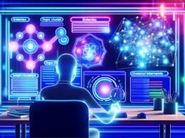 Digitale Illustration eines Content Creators an mehreren Monitoren mit semantischen Netzwerken, Dashboards und Begriffen wie Entitäten, Topic Cluster und User Intent; leuchtende Suchmaschinen- und KI-Symbole im Hintergrund.