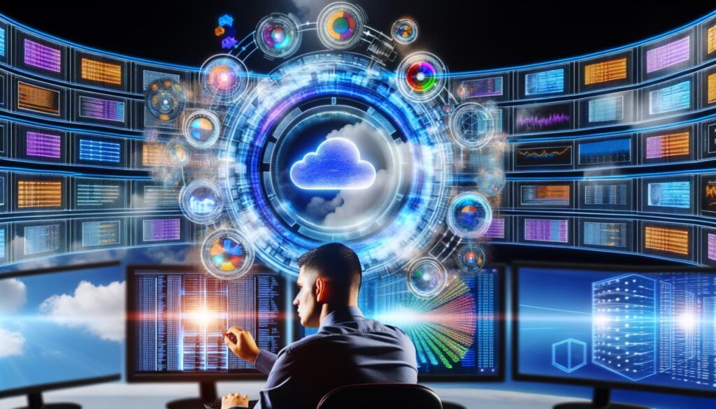 Futuristische Marketing-Szene mit BigQuery-Logo, mehreren Datenströmen, SQL-Grafiken und einem Marketer vor interaktiven Dashboards in lebendigen Farben.