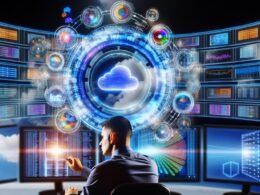 Futuristische Marketing-Szene mit BigQuery-Logo, mehreren Datenströmen, SQL-Grafiken und einem Marketer vor interaktiven Dashboards in lebendigen Farben.