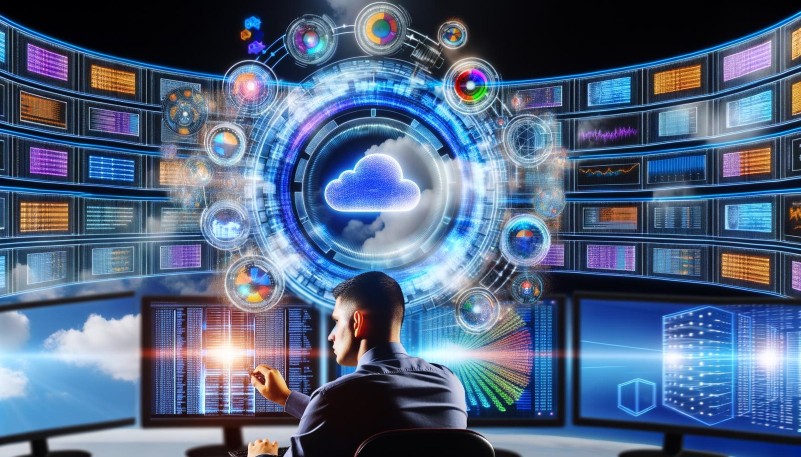 Futuristische Marketing-Szene mit BigQuery-Logo, mehreren Datenströmen, SQL-Grafiken und einem Marketer vor interaktiven Dashboards in lebendigen Farben.