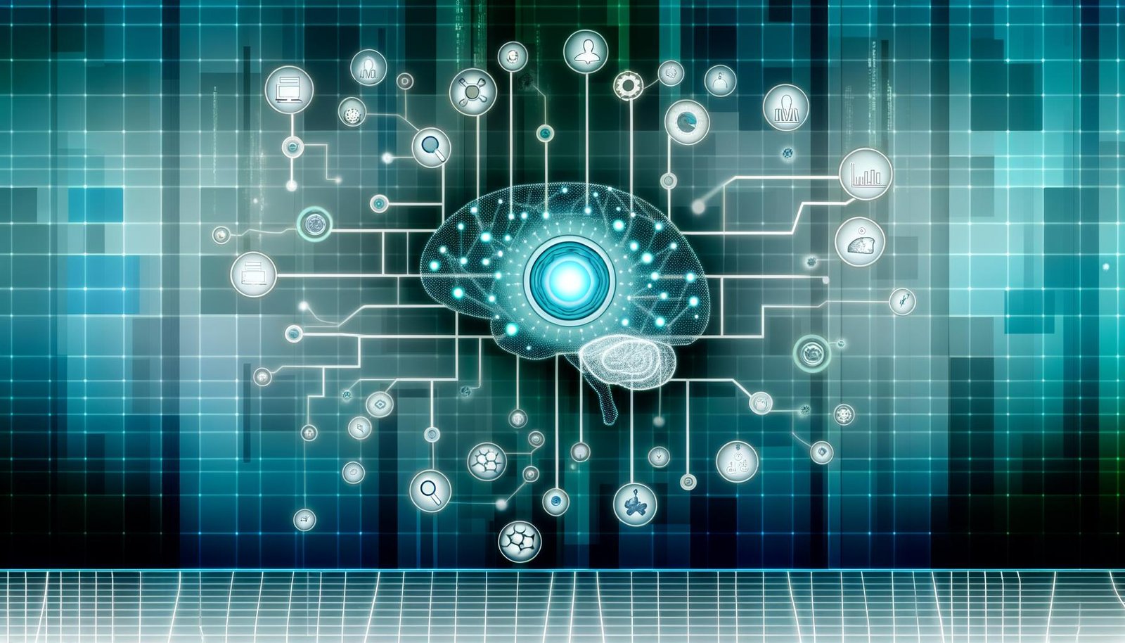 Futuristisches Titelbild: Menschliches Gehirn mit neuronalen Verbindungen und digitalen Netzwerk-Elementen, Icons, Codezeilen und Knowledge-Graphen, in cleanem Türkis-Weiß-Blau-Farbschema.