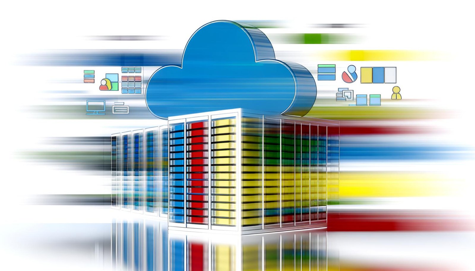 Moderne Illustration eines Cloud-Data-Warehouse mit BigQuery-Logo, stilisierten Server-Racks, Datenströmen und Google Cloud-Farben, umgeben von Icons für Datenvisualisierung, SQL-Code und Machine Learning.