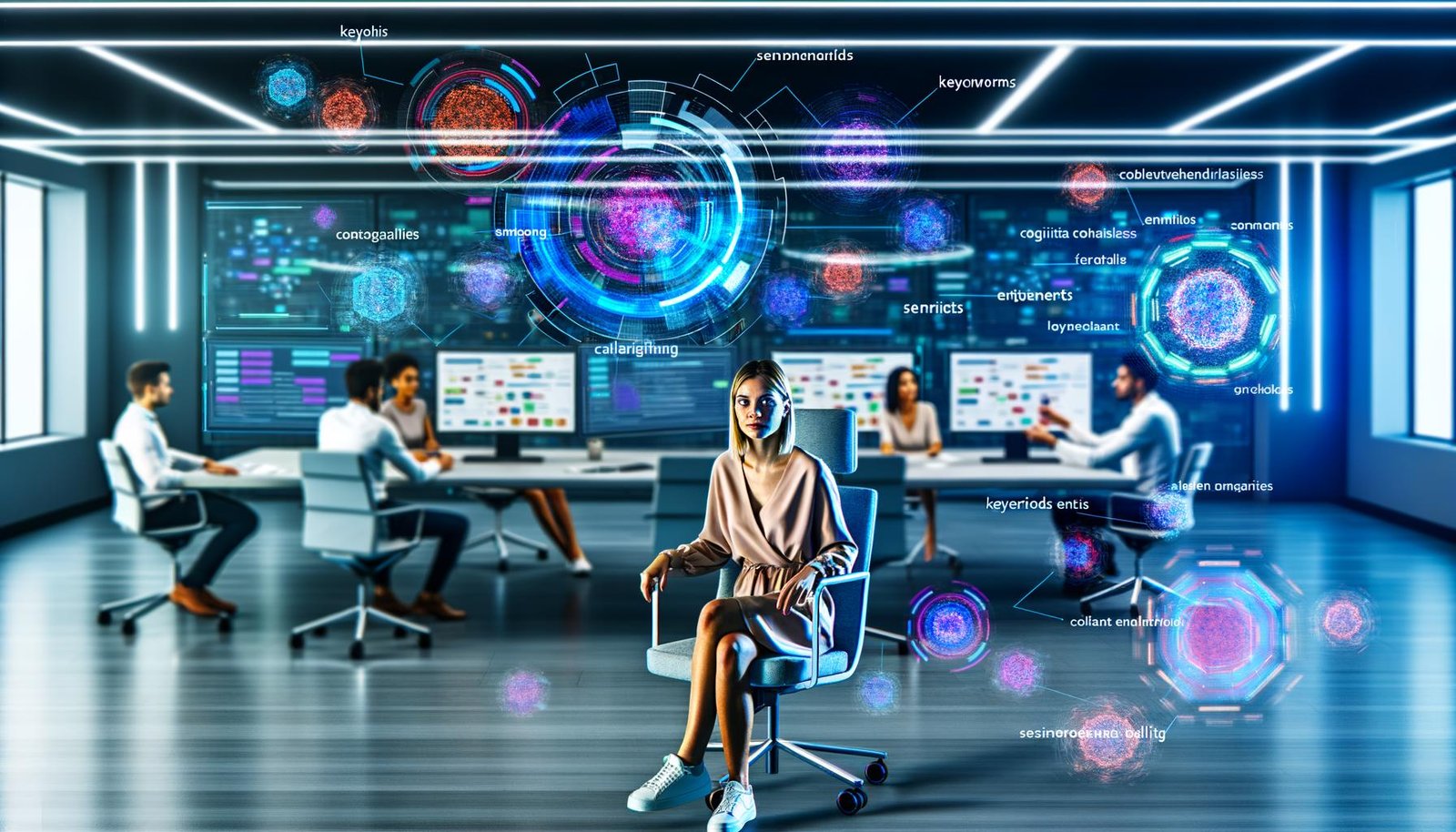 Futuristisches, modernes Büro mit Content-Manager vor Monitoren, digitalen Hologrammen, farbenfrohen Diagrammen und einem Team am Whiteboard