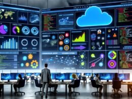 Modern ausgestattetes Marketing Control Center mit großen digitalen Bildschirmen, auf denen KPIs, Live-Daten, SQL-Snippets und Prognose-Diagramme angezeigt werden. Fachleute analysieren Marketingtrends und Kampagnen, während Datenströme aus verschiedenen Plattformen visuell in eine BigQuery-Cloud fließen.