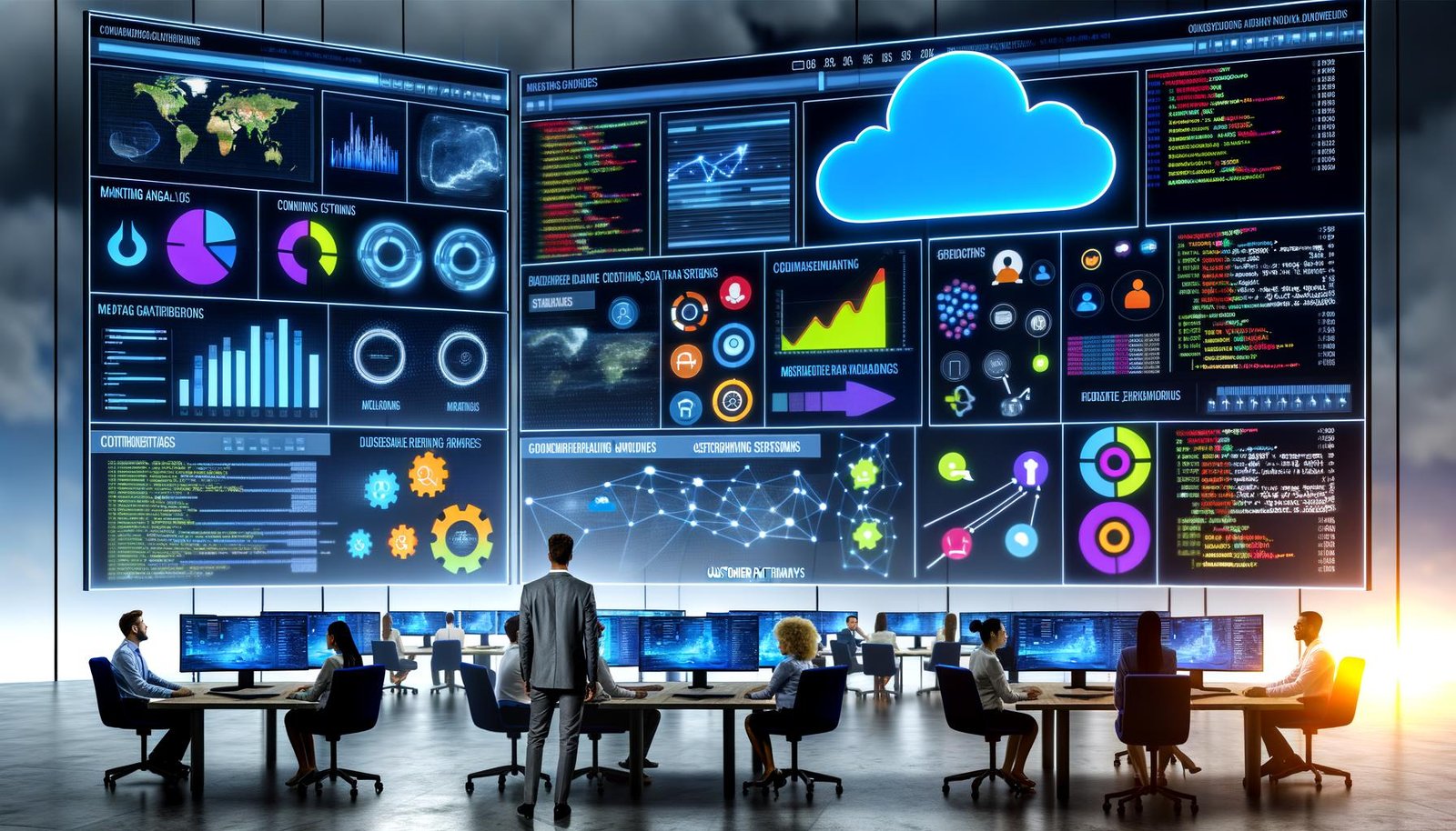 Modern ausgestattetes Marketing Control Center mit großen digitalen Bildschirmen, auf denen KPIs, Live-Daten, SQL-Snippets und Prognose-Diagramme angezeigt werden. Fachleute analysieren Marketingtrends und Kampagnen, während Datenströme aus verschiedenen Plattformen visuell in eine BigQuery-Cloud fließen.