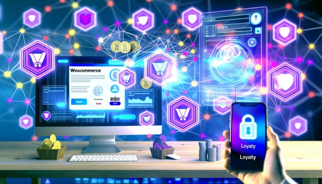 Futuristisch gestaltetes E-Commerce Command Center mit WooCommerce- und Blockchain-Loyalty-Dashboard, Nutzer mit Loyalty-Wallet auf Smartphone, leuchtende Blockchain-Knoten und ausgeblendete traditionelle Coupons im Hintergrund.