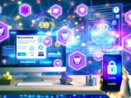 Futuristisch gestaltetes E-Commerce Command Center mit WooCommerce- und Blockchain-Loyalty-Dashboard, Nutzer mit Loyalty-Wallet auf Smartphone, leuchtende Blockchain-Knoten und ausgeblendete traditionelle Coupons im Hintergrund.