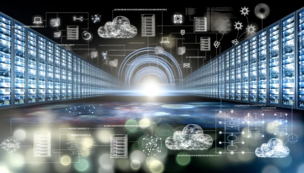 Futuristischer Arbeitsplatz mit Dashboard, Datenvisualisierungen, serverlosen Cloud-Servern und holografischen Analyse-Charts