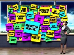 Illustration mit bunten HR-Post-its, verwirrtem Bewerber und Recruiting Bullshit Bingo Karten im Büro im Pop-Art-Stil