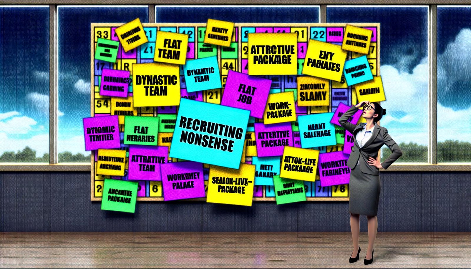 Illustration mit bunten HR-Post-its, verwirrtem Bewerber und Recruiting Bullshit Bingo Karten im Büro im Pop-Art-Stil