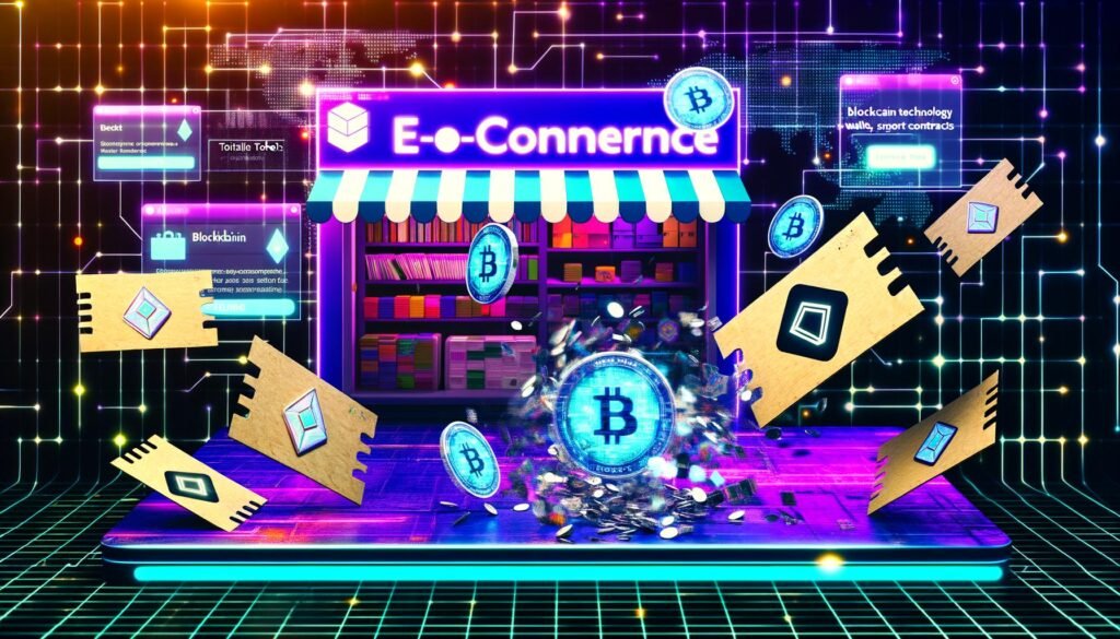 Cyberpunk-Illustration eines Online-Shops mit WooCommerce-Logo, zerissenen Papp-Stempelkarten, digitalen Token, NFTs und holographischen Blockchain-Elementen