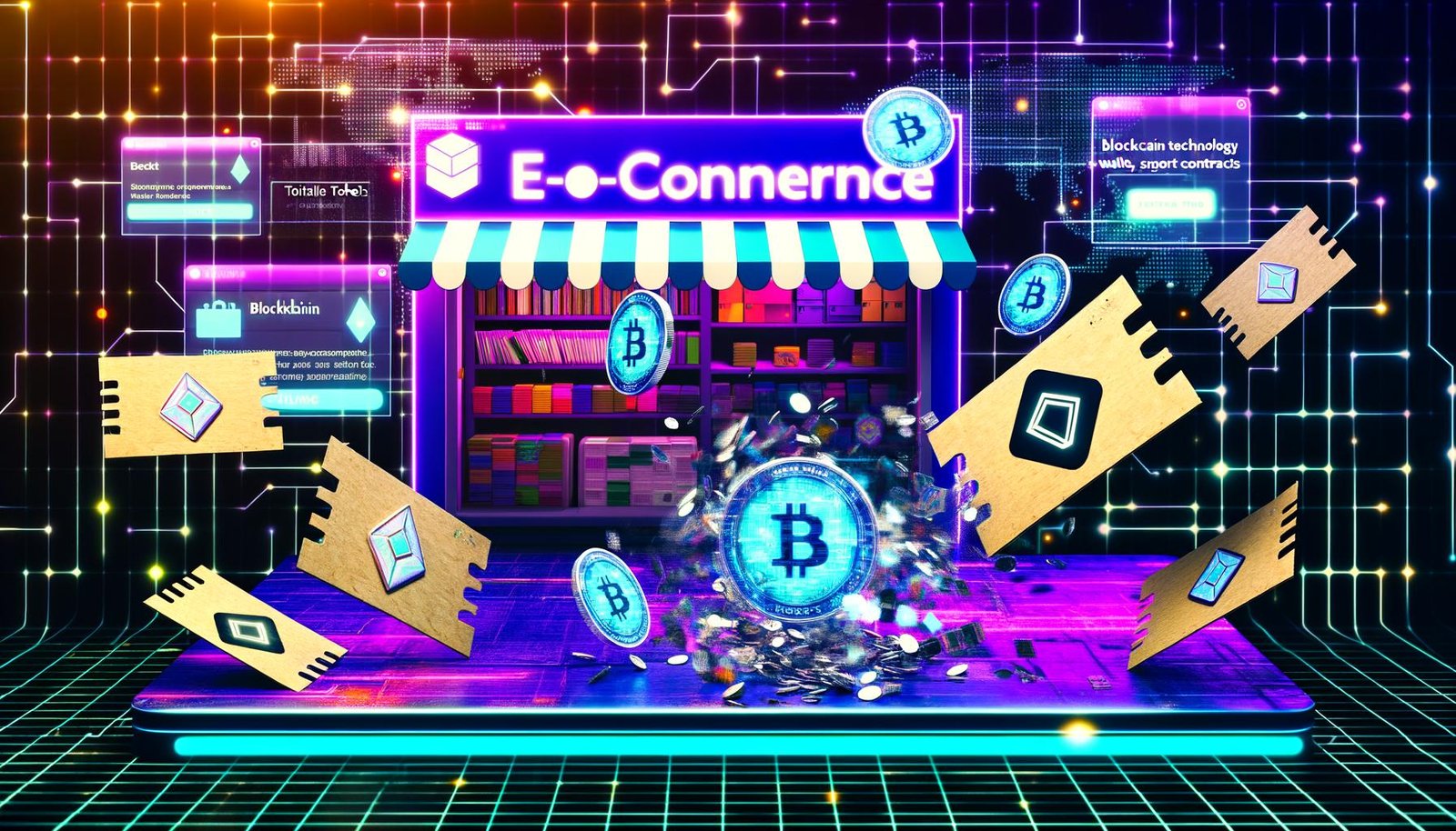Cyberpunk-Illustration eines Online-Shops mit WooCommerce-Logo, zerissenen Papp-Stempelkarten, digitalen Token, NFTs und holographischen Blockchain-Elementen