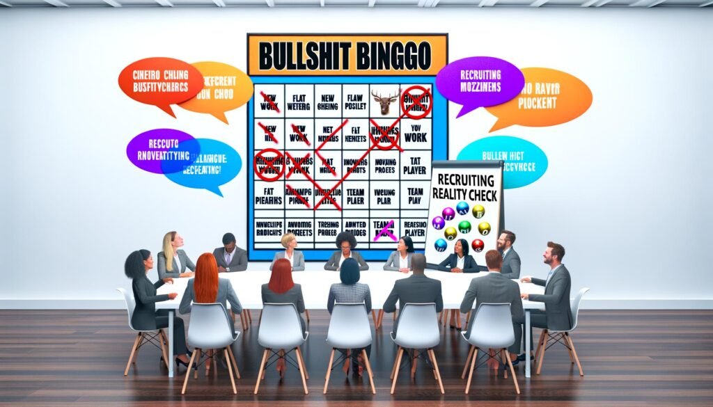 Humorvolles Magazin-Titelbild: HR-Manager um einen Konferenztisch mit Bullshit-Bingo-Karten voller Recruiting-Buzzwords, bunte Sprechblasen und Flipchart im Hintergrund, minimalistisch und modern präsentiert.