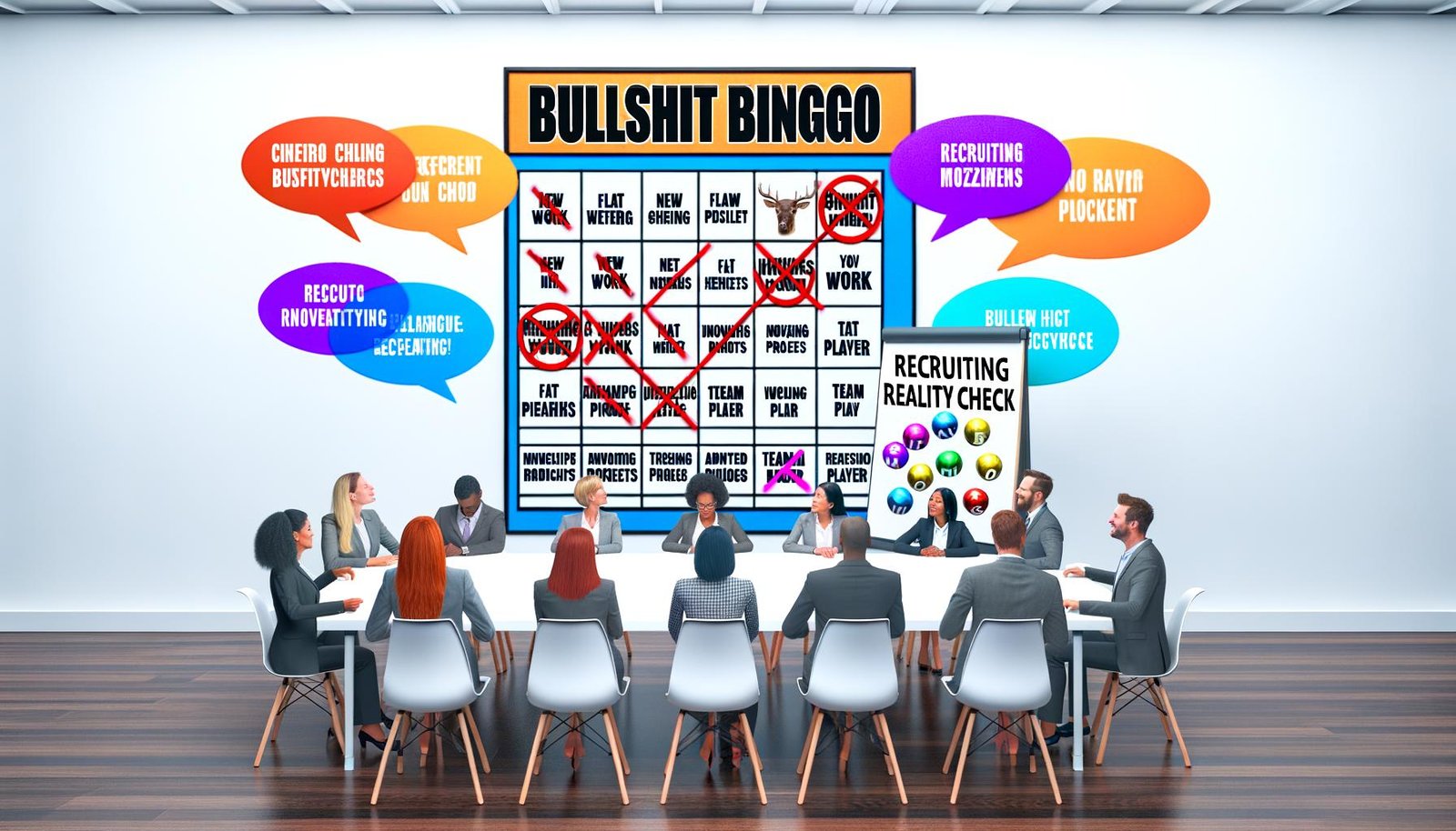 Humorvolles Magazin-Titelbild: HR-Manager um einen Konferenztisch mit Bullshit-Bingo-Karten voller Recruiting-Buzzwords, bunte Sprechblasen und Flipchart im Hintergrund, minimalistisch und modern präsentiert.