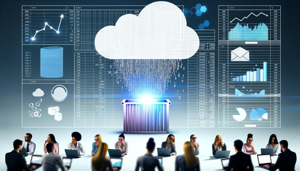 Modernes Dashboard-Interface mit Echtzeit-Charts und BigQuery-Logo, Datenströme aus Excel-Tabellen, Business-Profis im Google Cloud Look