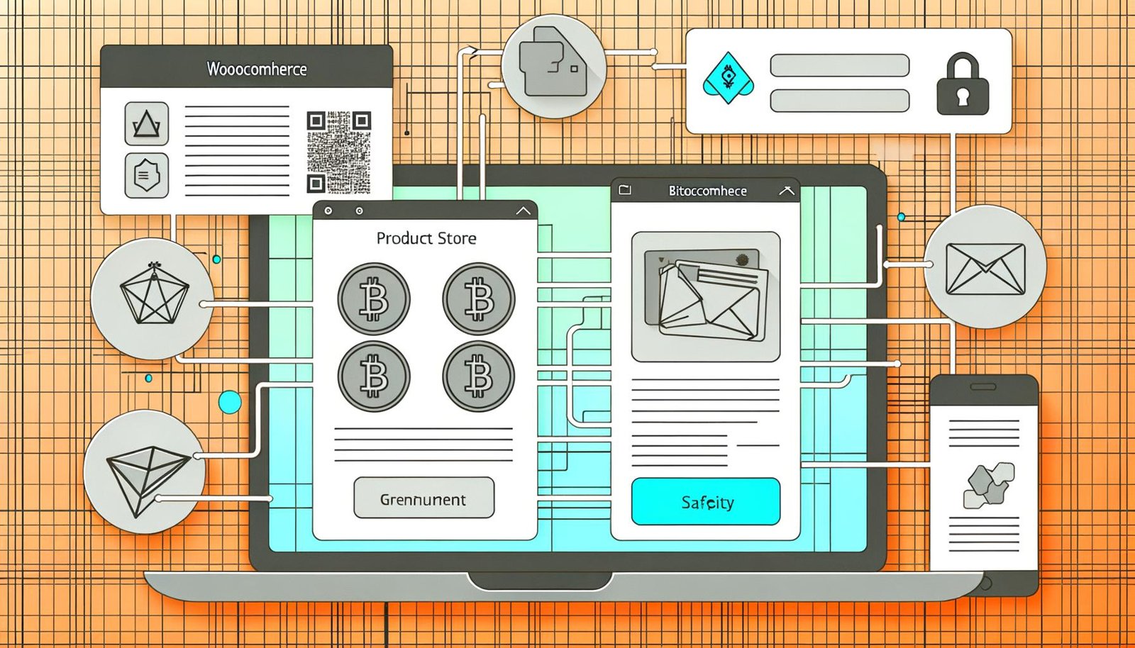 Illustration eines WooCommerce-Onlineshops mit Crypto Payment Funnel auf einem Laptop, grafische Linien zeigen Bezahlvorgang mit Bitcoin, Ethereum, Stablecoins, QR-Code und Sicherheitssymbolen.
