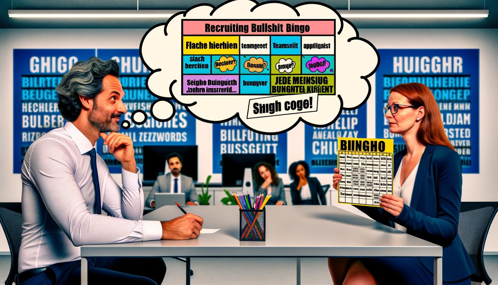 Satirische Büroszene mit HR-Recruiter und Bewerber, die während eines Vorstellungsgesprächs Recruiting-Bingo mit typischen Floskeln auf Bingo-Kugeln spielen. Der Bewerber rollt mit den Augen, während Motivationsposter im Hintergrund verblassen.