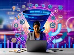 Dynamische Illustration eines Solo-Marketers im Homeoffice vor Laptop mit WooCommerce-Dashboard, umgeben von technischen Funnel- und Automatisierungs-Symbolen.